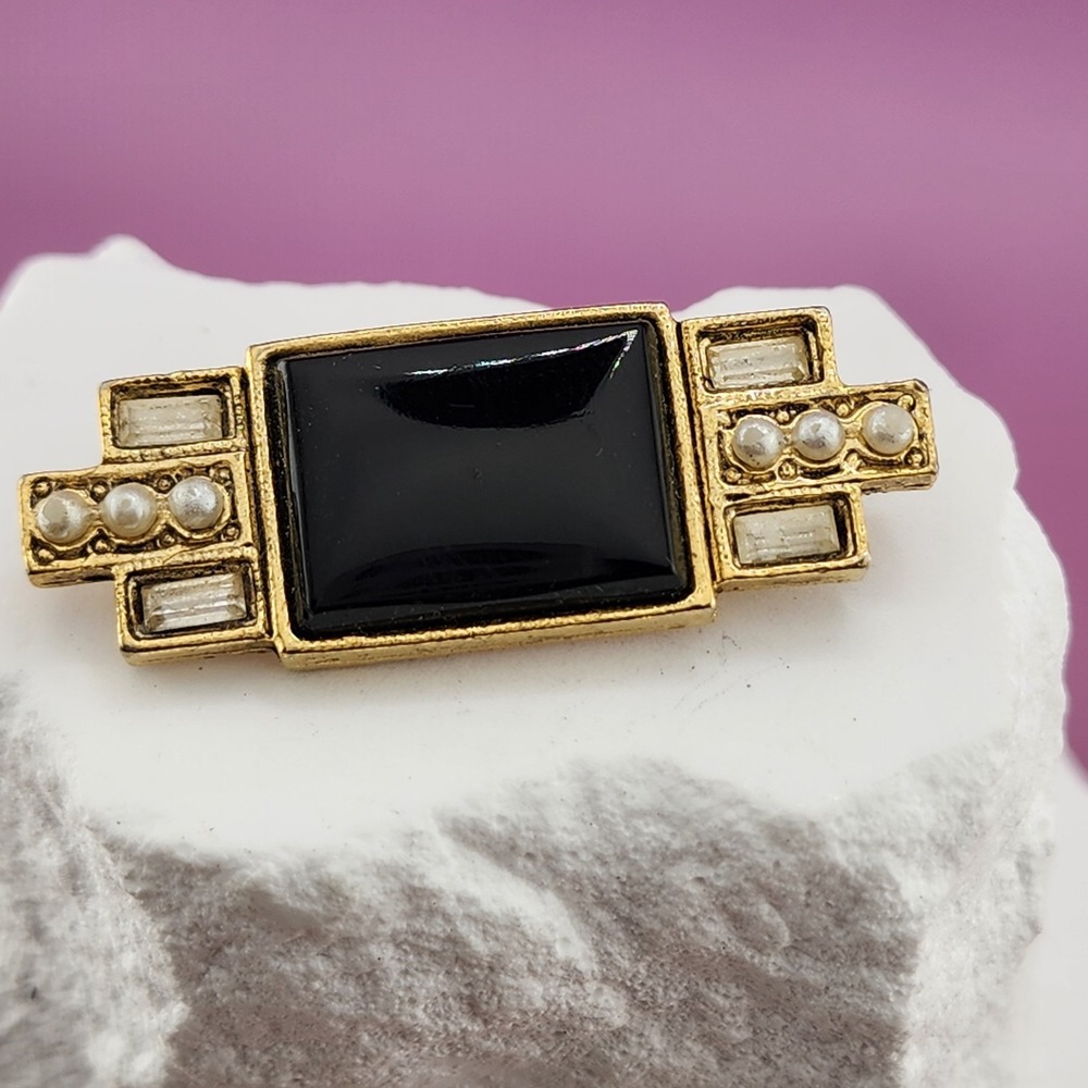 Large Black Cabochon Faux Pearl Baguette Gold Tone Art Deco Statement Brooch Pin